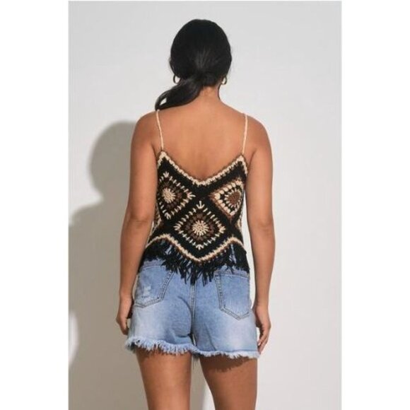 Elan Western Knit Tank Black/Brown L Crochet Fringe Patchwork Resort Whimsygoth - Picture 3 of 11